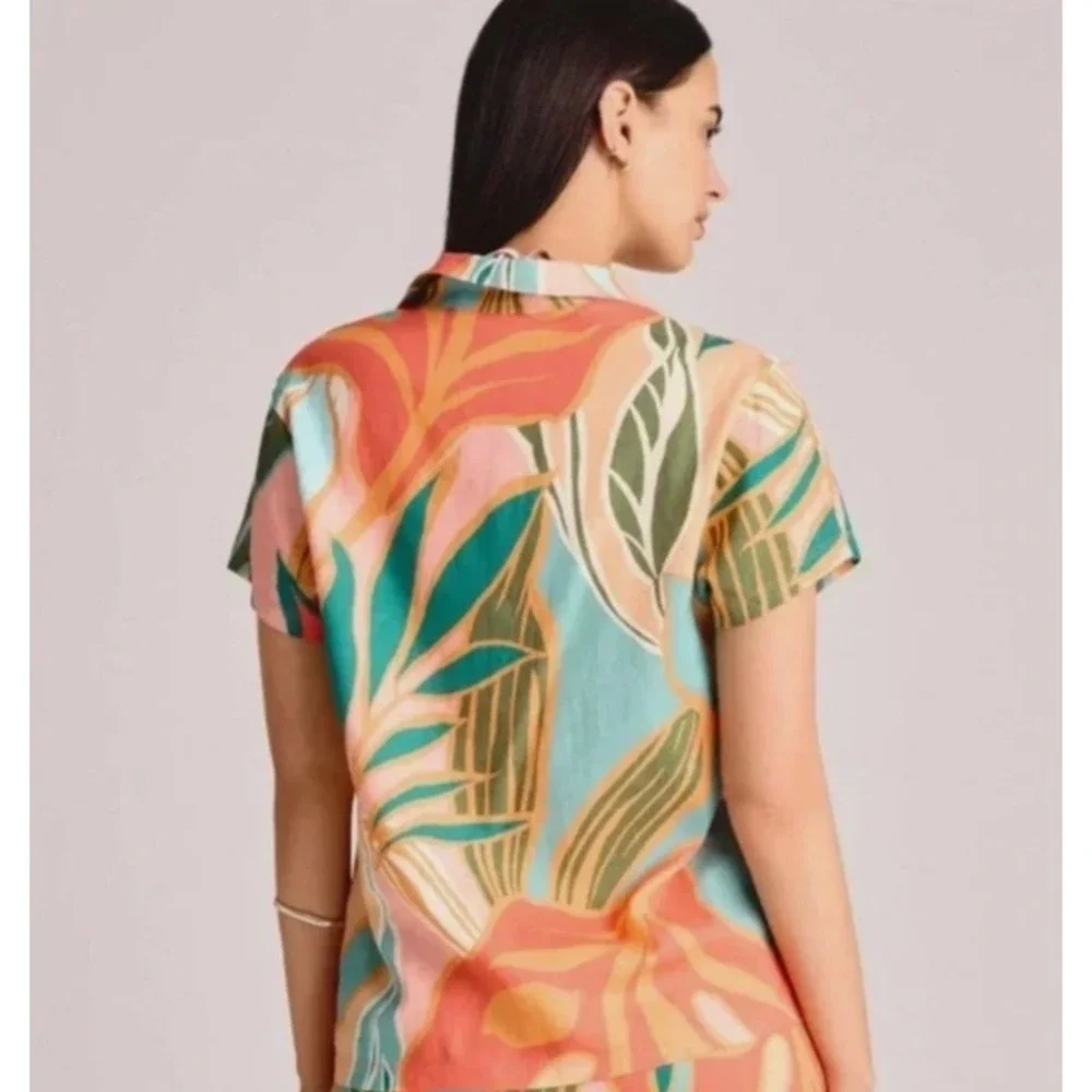 Vitamin A Womens‎ Short Sleeve Tropical Leaf Button Up Shirt Cover Up Small
